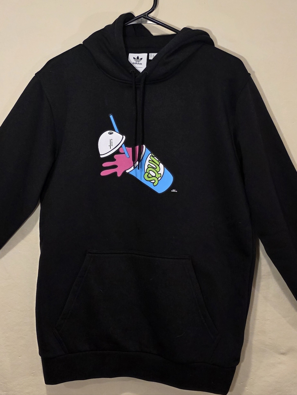 adidas Black Pullover Hoodie with Colorful Drink Graphic